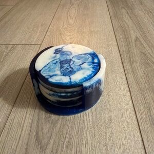 Set of 5 Blue & White Resin Coasters w/ Matching Holder.